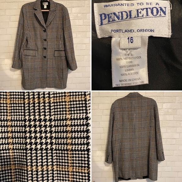 Pendleton $268 Women’s 16 Blk Ivory Tan Houndstooth 100% Wool Coat Jacket EUC - Picture 1 of 14